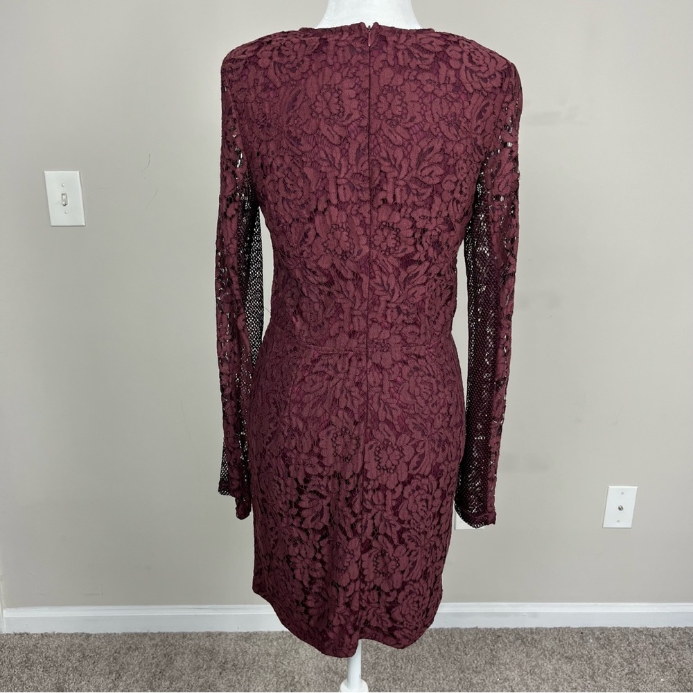 TOBI RAVEN WINE LACE BODYCON LONG SLEEVE MINI DRESS PLUNGE ILLUSION NECK LARGE - Picture 13 of 16